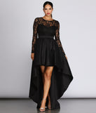 Tamia Lace Drama Dress is a stunning choice for a bridesmaid dress or maid of honor dress, and to feel beautiful at Prom 2023, spring weddings, formals, & military balls!