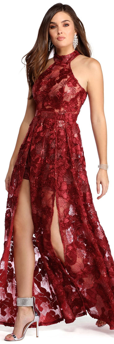 The Kalea Fiery Sunset Dress is a gorgeous pick as your 2023 prom dress or formal gown for wedding guest, spring bridesmaid, or army ball attire!