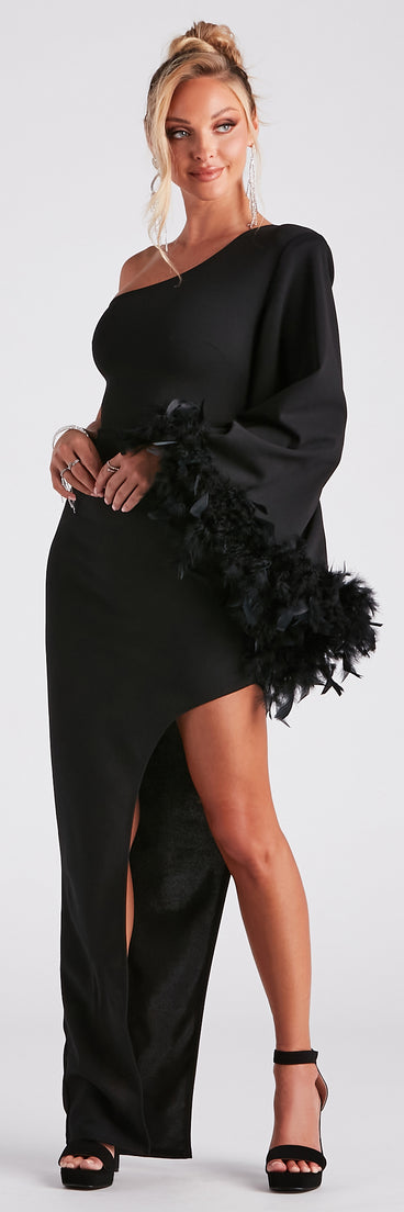 Vivian One-Shoulder Feather Trim Formal Dress creates the perfect summer wedding guest dress or cocktail party dresss with stylish details in the latest trends for 2023!
