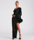 Vivian One-Shoulder Feather Trim Formal Dress creates the perfect summer wedding guest dress or cocktail party dresss with stylish details in the latest trends for 2023!