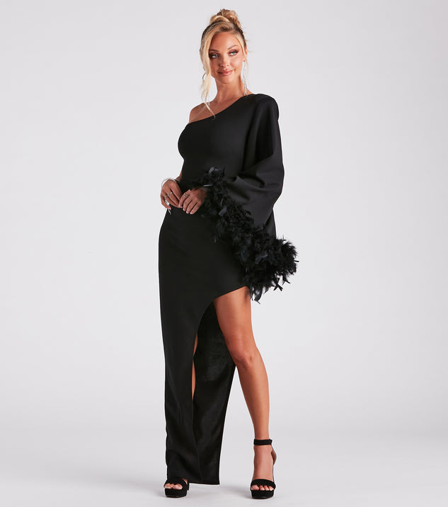 Vivian One-Shoulder Feather Trim Formal Dress creates the perfect summer wedding guest dress or cocktail party dresss with stylish details in the latest trends for 2023!