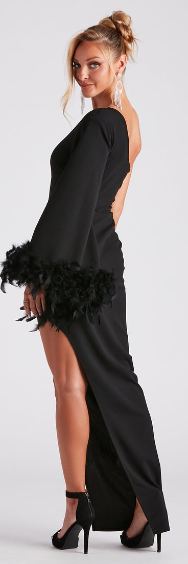 honest abe's feather dress Vivian One-Shoulder Feather Trim Formal Dress