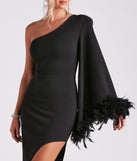 Vivian One-Shoulder Feather Trim Formal Dress creates the perfect summer wedding guest dress or cocktail party dresss with stylish details in the latest trends for 2023!