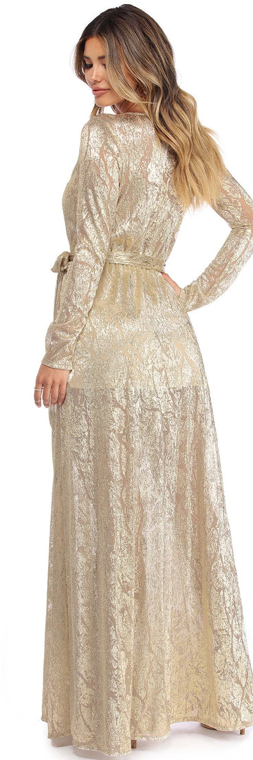 Nerissa Metallic Wrap Evening Dress is a stunning choice for a bridesmaid dress or maid of honor dress, and to feel beautiful at Prom 2023, spring weddings, formals, & military balls!
