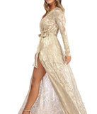Nerissa Metallic Wrap Evening Dress is a stunning choice for a bridesmaid dress or maid of honor dress, and to feel beautiful at Prom 2023, spring weddings, formals, & military balls!