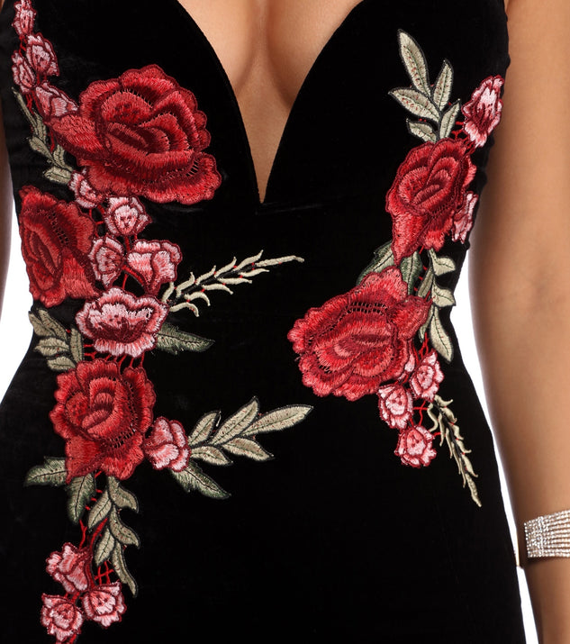 open lace back dress Francesca Velvet Rose Applique Dress