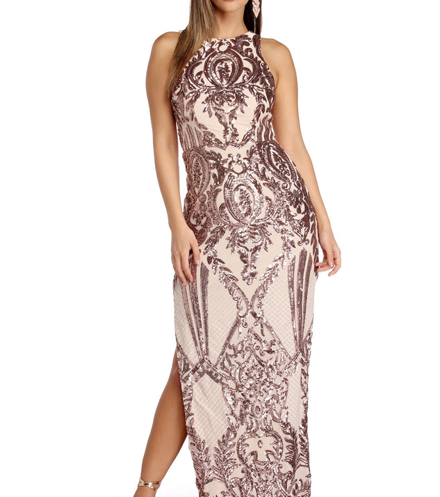 Sarai Sleeveless Sequin Scroll Dress is a stunning choice for a bridesmaid dress or maid of honor dress, and to feel beautiful at Prom 2023, spring weddings, formals, & military balls!