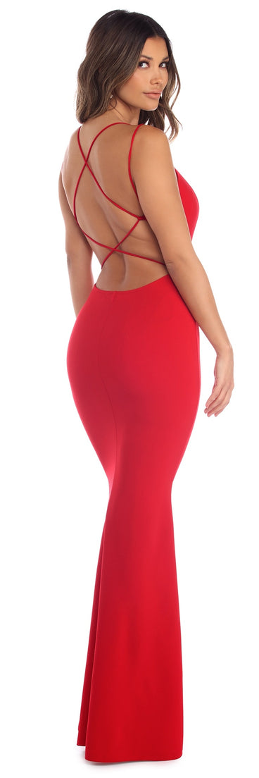 The Amy Crepe Open Lattice Back Dress is a gorgeous pick as your 2023 prom dress or formal gown for wedding guest, spring bridesmaid, or army ball attire!