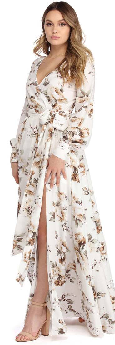 Makayla Floral Chiffon Wrap Dress is a stunning choice for a bridesmaid dress or maid of honor dress, and to feel beautiful at Prom 2023, spring weddings, formals, & military balls!