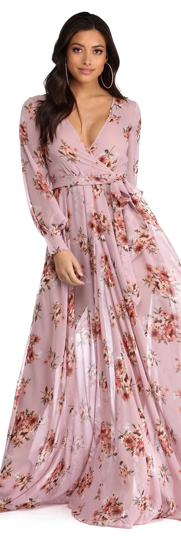 The Jennifer Floral Wrap Chiffon Dress is a gorgeous pick as your 2023 prom dress or formal gown for wedding guest, spring bridesmaid, or army ball attire!