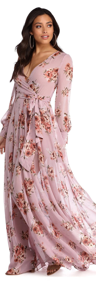 The Jennifer Floral Wrap Chiffon Dress is a gorgeous pick as your 2023 prom dress or formal gown for wedding guest, spring bridesmaid, or army ball attire!