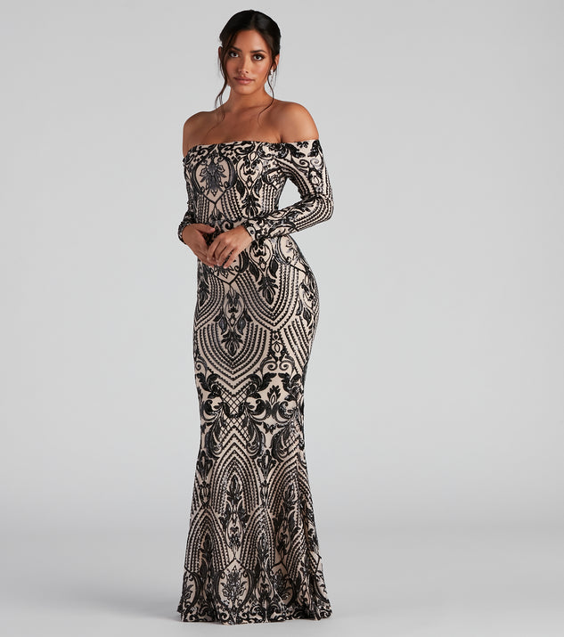 Long Sequin Gown with Off-the-Shoulder Feathers