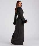 Rochelle Long Sleeve Feather Trim Formal Dress creates the perfect summer wedding guest dress or cocktail party dresss with stylish details in the latest trends for 2023!