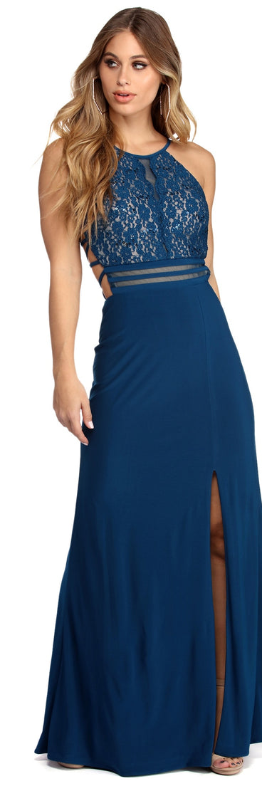 Mackenzie Formal Sequin And Lace Dress is a stunning choice for a bridesmaid dress or maid of honor dress, and to feel beautiful at Prom 2023, spring weddings, formals, & military balls!
