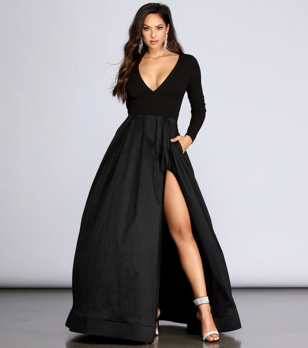 Rhonda High Slit Taffeta Dress creates the perfect summer wedding guest dress or cocktail party dresss with stylish details in the latest trends for 2023!