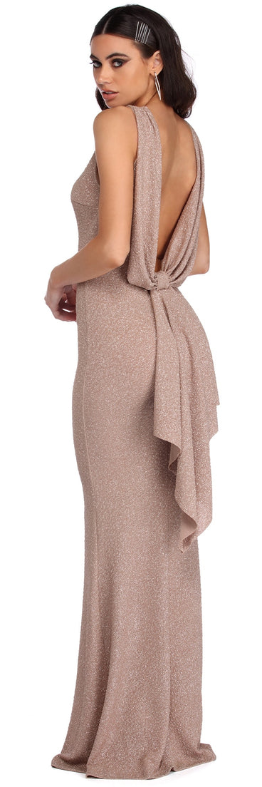 The Janelle Glitter Bow Back Formal Dress is a gorgeous pick as your 2023 prom dress or formal gown for wedding guest, spring bridesmaid, or army ball attire!