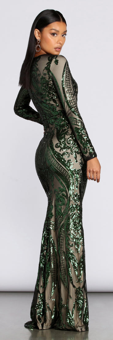 The Alexandria Formal Sequin Scroll Dress is a gorgeous pick as your 2023 prom dress or formal gown for wedding guest, spring bridesmaid, or army ball attire!