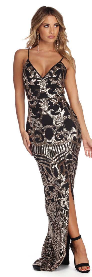 Sierra Formal Sequin Scroll Dress is a stunning choice for a bridesmaid dress or maid of honor dress, and to feel beautiful at Prom 2023, spring weddings, formals, & military balls!