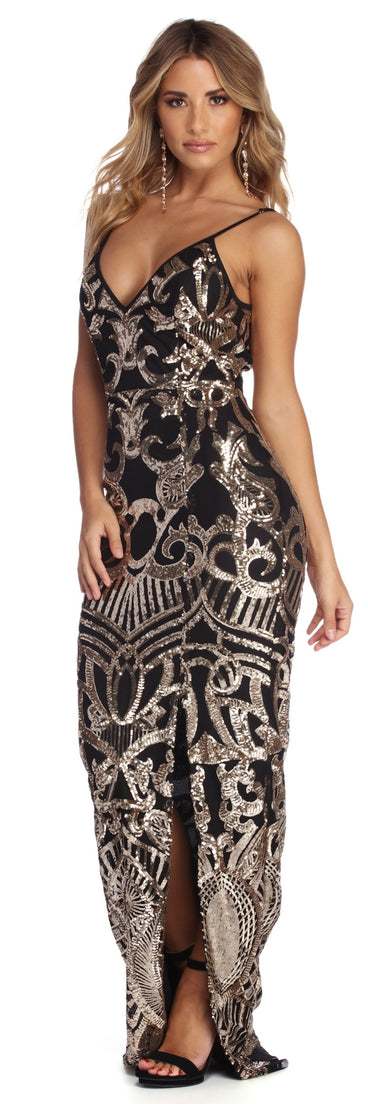 Sierra Formal Sequin Scroll Dress is a stunning choice for a bridesmaid dress or maid of honor dress, and to feel beautiful at Prom 2023, spring weddings, formals, & military balls!