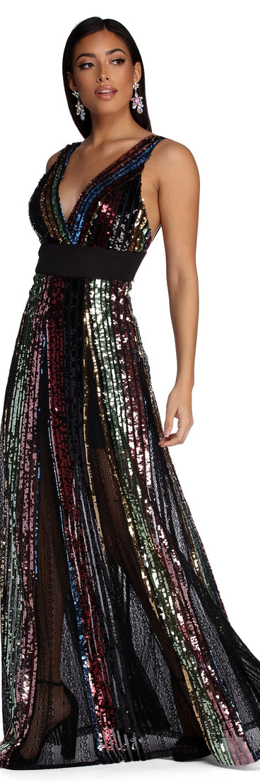 Michaela Formal Rainbow Sequin Dress is a stunning choice for a bridesmaid dress or maid of honor dress, and to feel beautiful at Prom 2023, spring weddings, formals, & military balls!