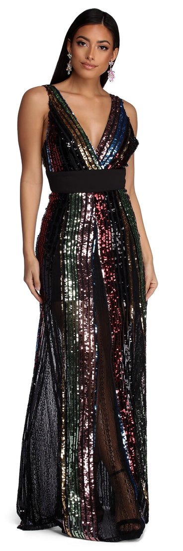 Michaela Formal Rainbow Sequin Dress is a stunning choice for a bridesmaid dress or maid of honor dress, and to feel beautiful at Prom 2023, spring weddings, formals, & military balls!