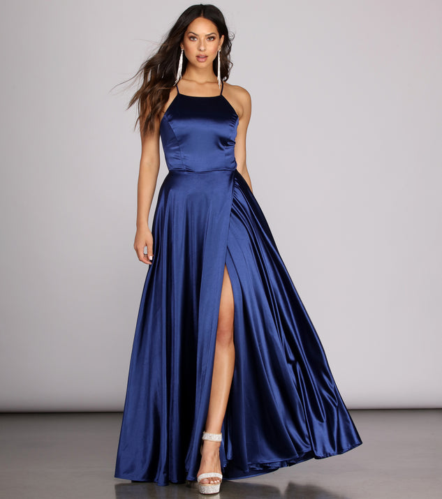 gabrielle formal high slit satin dress Gabrielle Metallic Cowl Neck Satin Dress (Women)