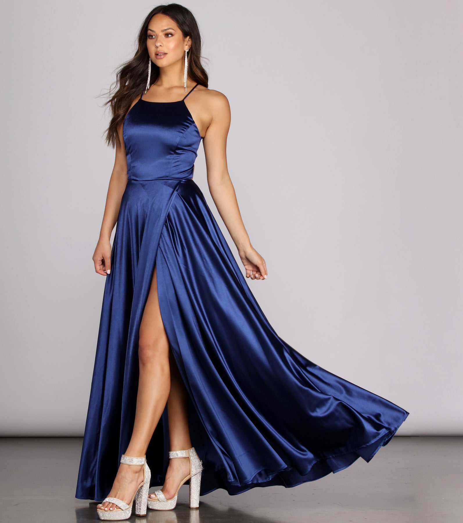 Gabrielle Formal High Slit Satin Dress & Windsor