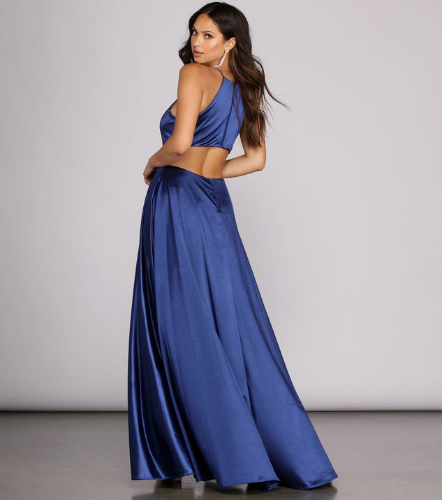 Gabrielle formal high slit satin dress hotsell