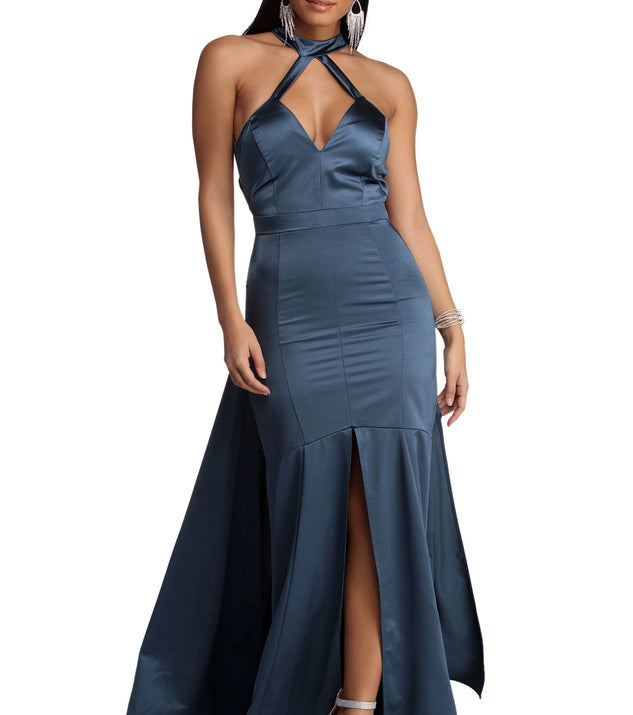 The Chloe Caged Long Satin Dress is a gorgeous pick as your 2023 prom dress or formal gown for wedding guest, spring bridesmaid, or army ball attire!