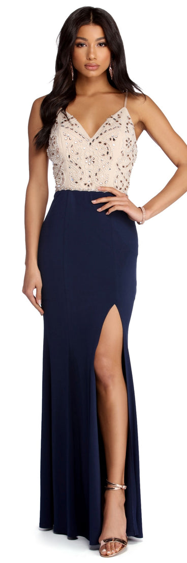 The Giana Formal High Slit Beaded Dress is a gorgeous pick as your 2023 prom dress or formal gown for wedding guest, spring bridesmaid, or army ball attire!