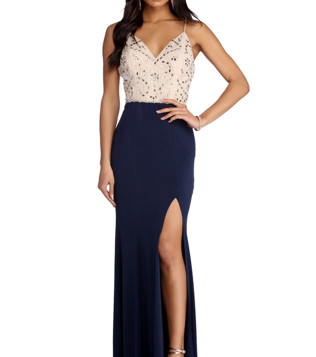 The Giana Formal High Slit Beaded Dress is a gorgeous pick as your 2023 prom dress or formal gown for wedding guest, spring bridesmaid, or army ball attire!