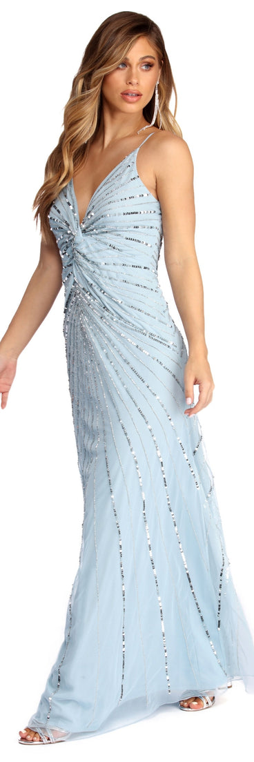 Lucinda Formal Knot Sequin Dress is a stunning choice for a bridesmaid dress or maid of honor dress, and to feel beautiful at Prom 2023, spring weddings, formals, & military balls!