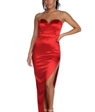 The Amaya Strapless Sweetheart Satin Dress is a gorgeous pick as your 2023 prom dress or formal gown for wedding guest, spring bridesmaid, or army ball attire!