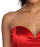 The Amaya Strapless Sweetheart Satin Dress is a gorgeous pick as your 2023 prom dress or formal gown for wedding guest, spring bridesmaid, or army ball attire!