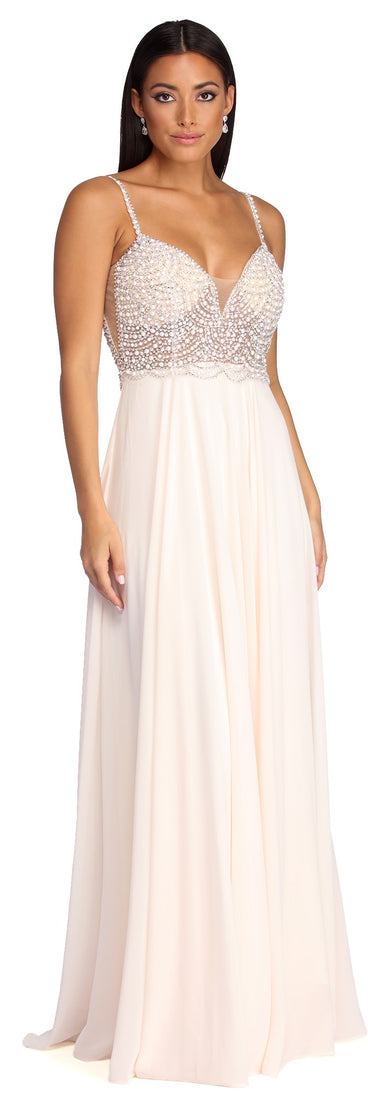 The Gracelyn Formal Pearl Chiffon Dress is a gorgeous pick as your 2023 prom dress or formal gown for wedding guest, spring bridesmaid, or army ball attire!