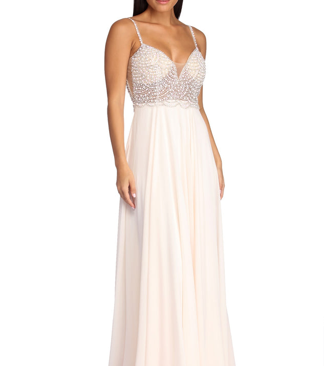 The Gracelyn Formal Pearl Chiffon Dress is a gorgeous pick as your 2023 prom dress or formal gown for wedding guest, spring bridesmaid, or army ball attire!