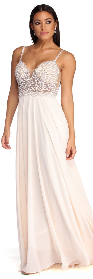 The Gracelyn Formal Pearl Chiffon Dress is a gorgeous pick as your 2023 prom dress or formal gown for wedding guest, spring bridesmaid, or army ball attire!