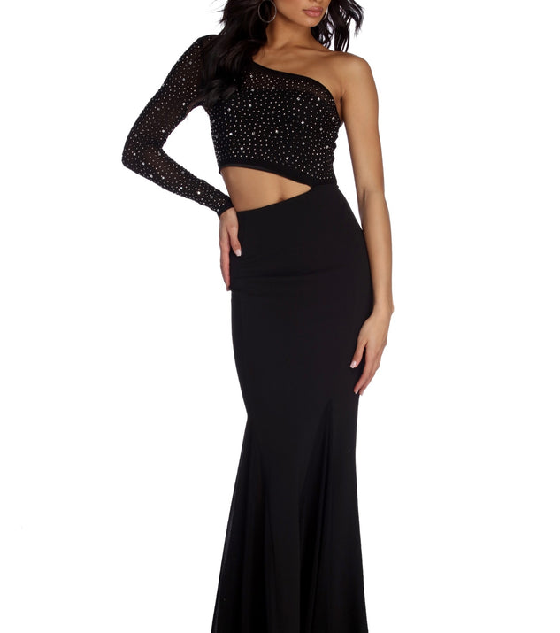 The Bria Formal One Shoulder Heat Stone Dress is a gorgeous pick as your 2023 prom dress or formal gown for wedding guest, spring bridesmaid, or army ball attire!
