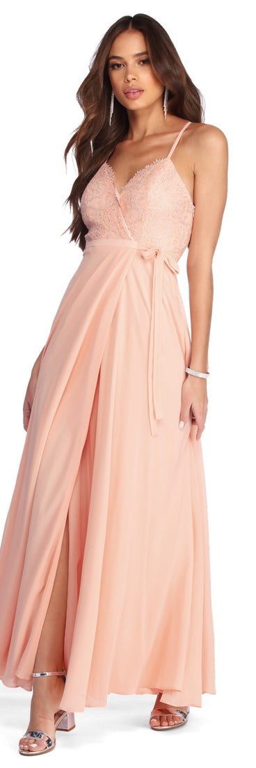Serenity Formal Lace And Chiffon Dress is a stunning choice for a bridesmaid dress or maid of honor dress, and to feel beautiful at Prom 2023, spring weddings, formals, & military balls!