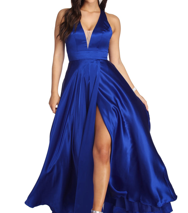 The Lauren Formal Halter Satin Dress is a gorgeous pick as your 2023 prom dress or formal gown for wedding guest, spring bridesmaid, or army ball attire!