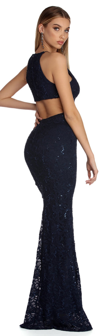 The Keltie Formal Sequin And Lace Dress is a gorgeous pick as your 2023 prom dress or formal gown for wedding guest, spring bridesmaid, or army ball attire!