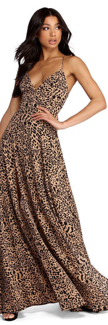 The Josie Formal Leopard Lattice Dress is a gorgeous pick as your 2023 prom dress or formal gown for wedding guest, spring bridesmaid, or army ball attire!