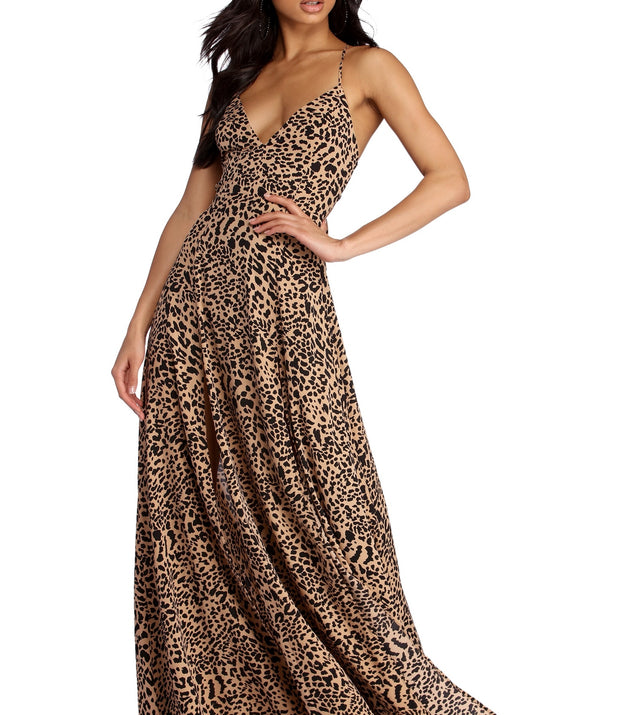 The Josie Formal Leopard Lattice Dress is a gorgeous pick as your 2023 prom dress or formal gown for wedding guest, spring bridesmaid, or army ball attire!