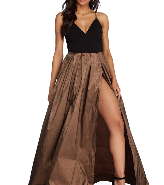 The Elaina Formal High Slit Taffeta Dress is a gorgeous pick as your 2023 prom dress or formal gown for wedding guest, spring bridesmaid, or army ball attire!