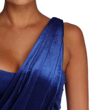 The Iris One Shoulder Draped Velvet Dress is a gorgeous pick as your 2023 prom dress or formal gown for wedding guest, spring bridesmaid, or army ball attire!