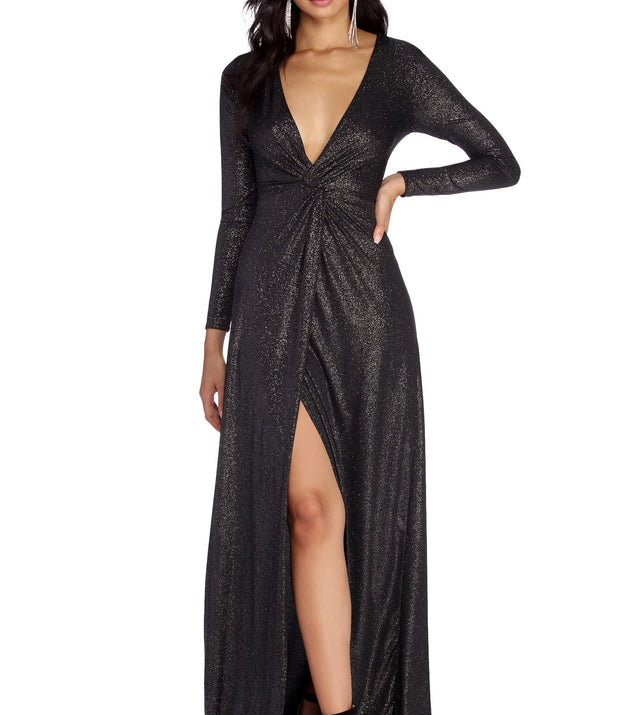 The Evangeline Formal Glitter Knot Dress is a gorgeous pick as your 2023 prom dress or formal gown for wedding guest, spring bridesmaid, or army ball attire!