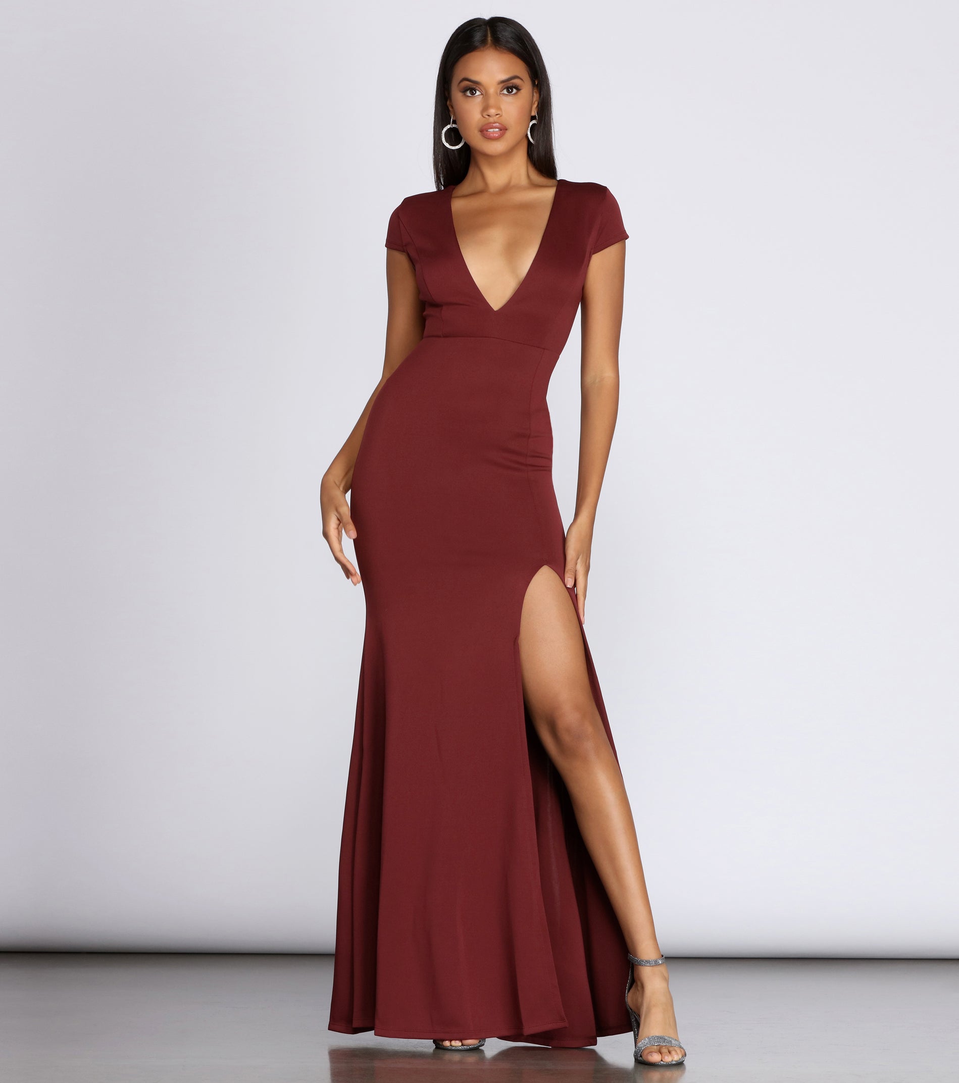 Cap Sleeve V-Neck Gown with Side Waterfall Ruffle Burnt Orange main image 1