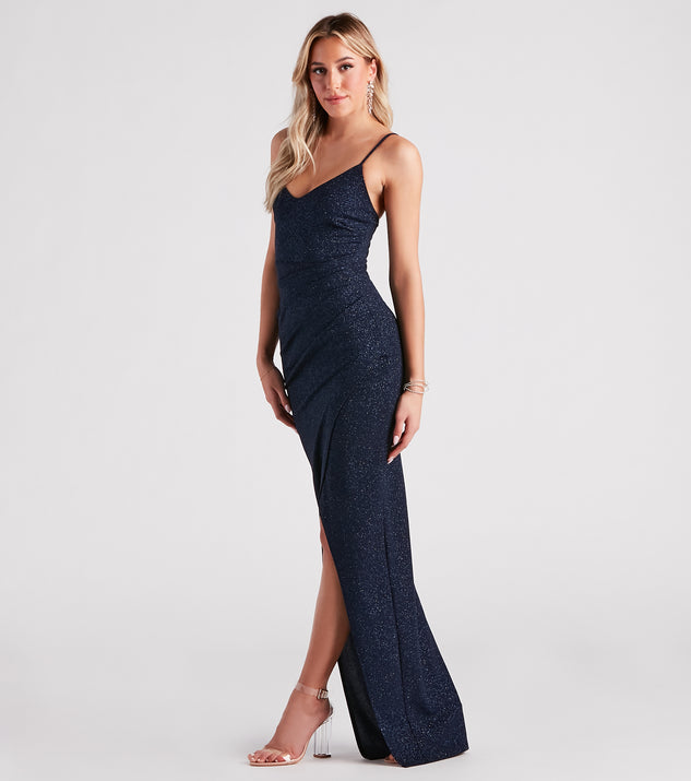 Kalyn Formal Glitter Faux Wrap Long Dress is a gorgeous pick as your 2024 prom dress or formal gown for wedding guests, spring bridesmaids, or army ball attire!
