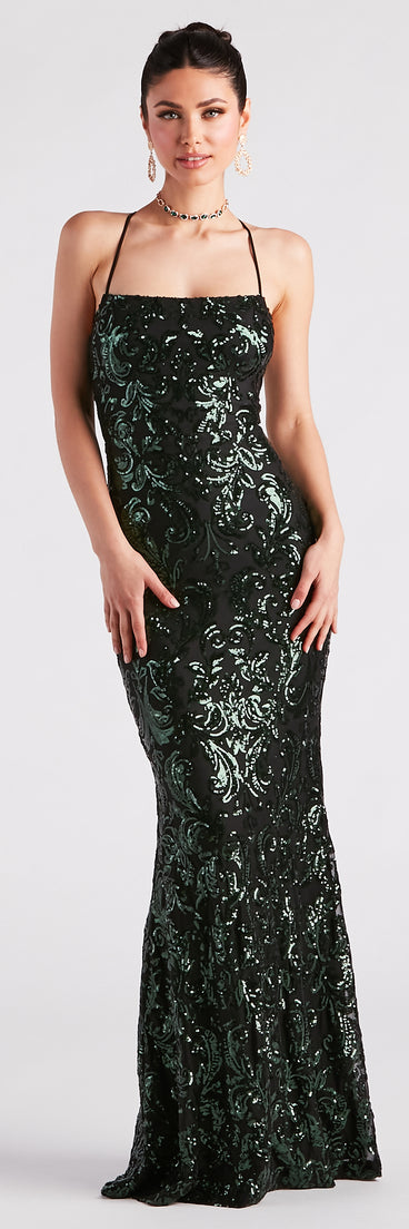 Lacie Formal Sequin Lace-Up Mermaid Dress is a gorgeous pick as your formal dress for wedding guests, fall bridesmaids, or military birthday ball attire!