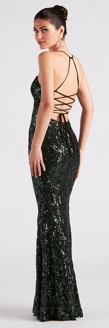 Lacie Formal Sequin Lace-Up Mermaid Dress is a gorgeous pick as your formal dress for wedding guests, fall bridesmaids, or military birthday ball attire!
